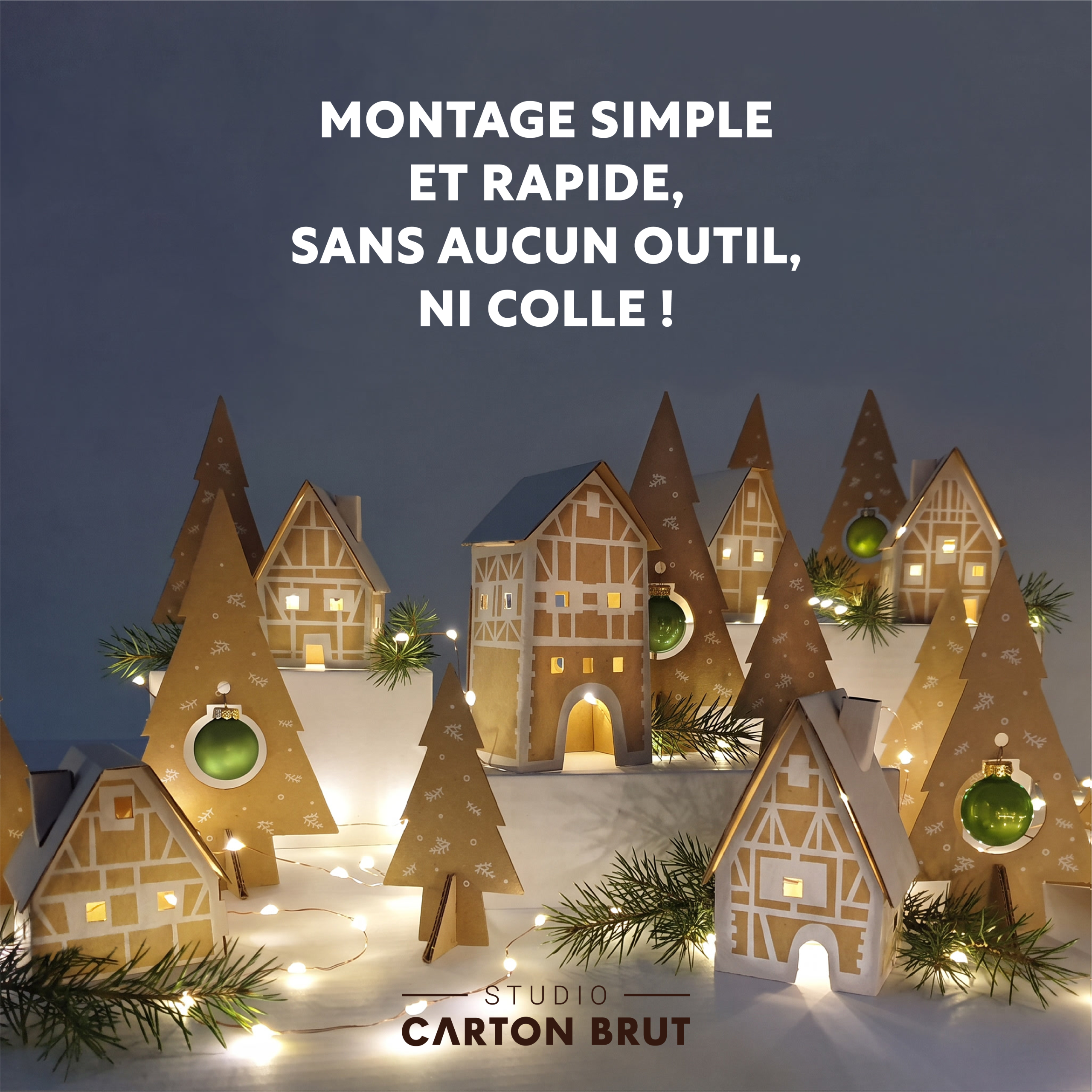 village de noel de nuit avec texte Village de Noël en carton – Image 3